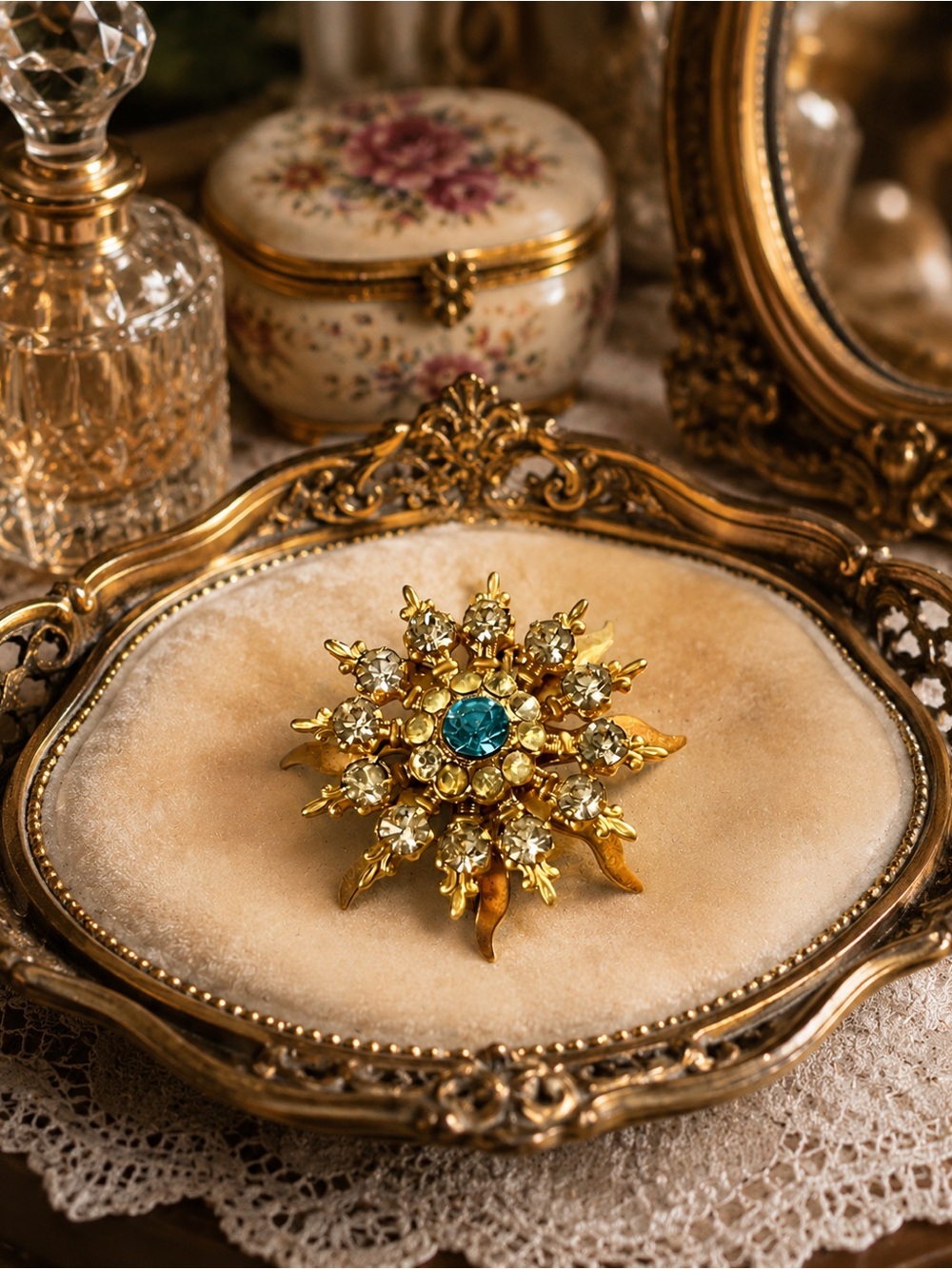 Vintage 50s 60s Starburst Brooch Aqua Blue Rhinestone Center Gold Tone